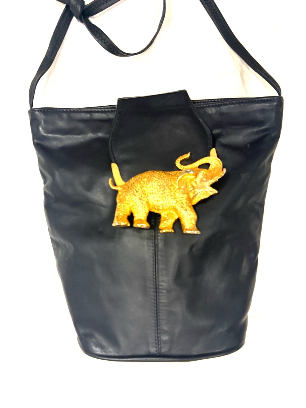 Colini Black Leather Bucket Bag with Gold Elephant Accent, shoulder Strap, Zip